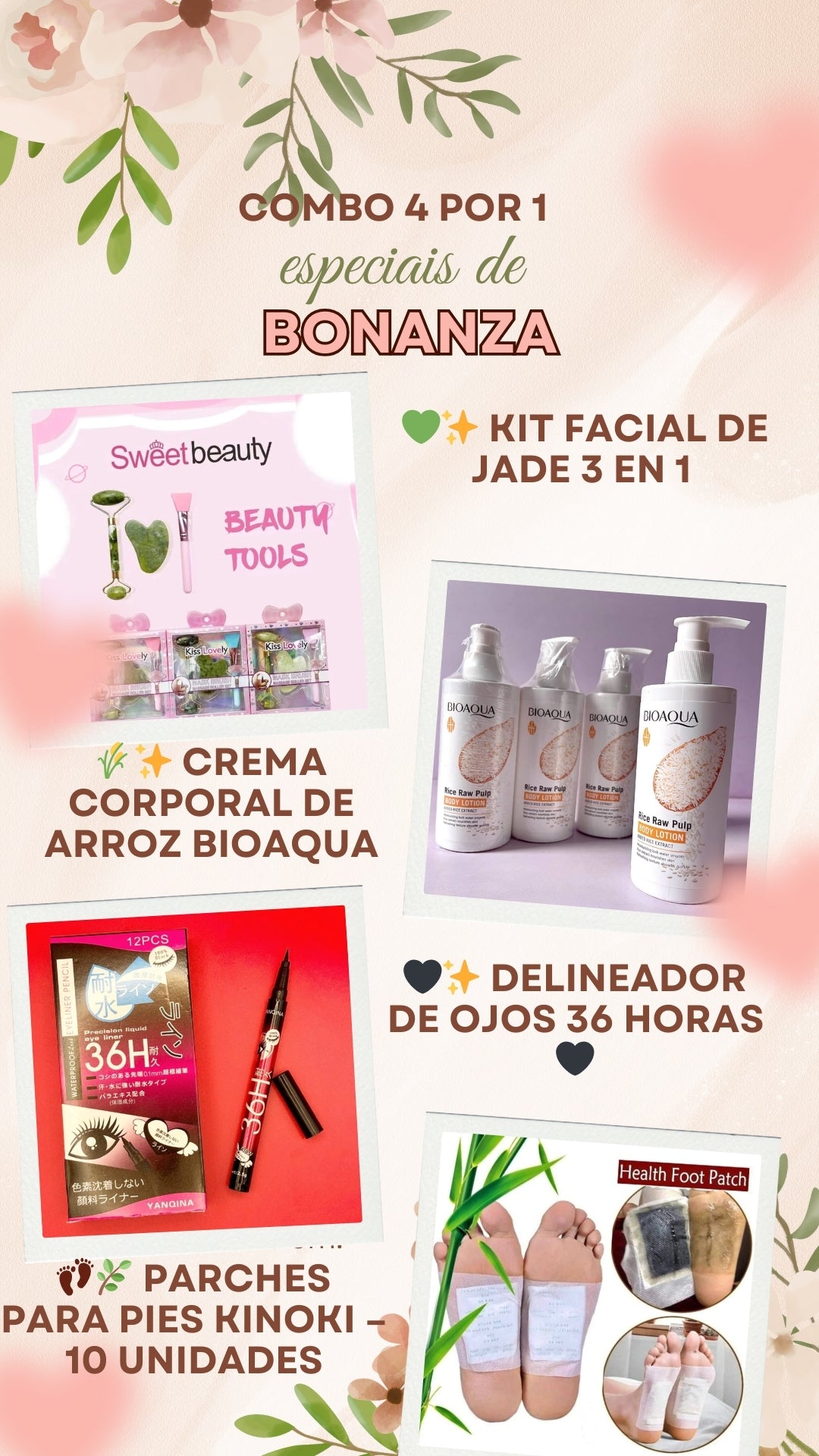 💚✨KIT Facial de Jade 3 en 1 Crema corporal de arroz BIOAQUA 🌾 Delineador de ojos 36 h 🖤✨ Incluye 10 parches detox para pies 👣